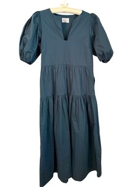 Bird & Knoll Cotton Midi Dress Teal Puff Sleeve Tiered Pockets M